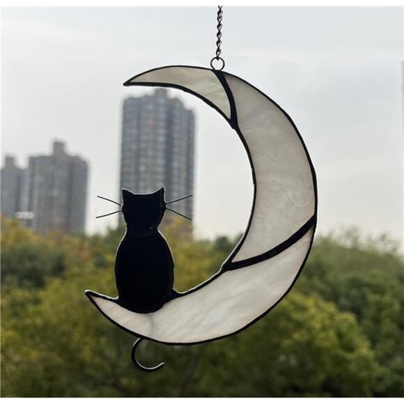 Black Cat Decor On White Moon Stained Glass Window Hanging - Picture 3 of 8